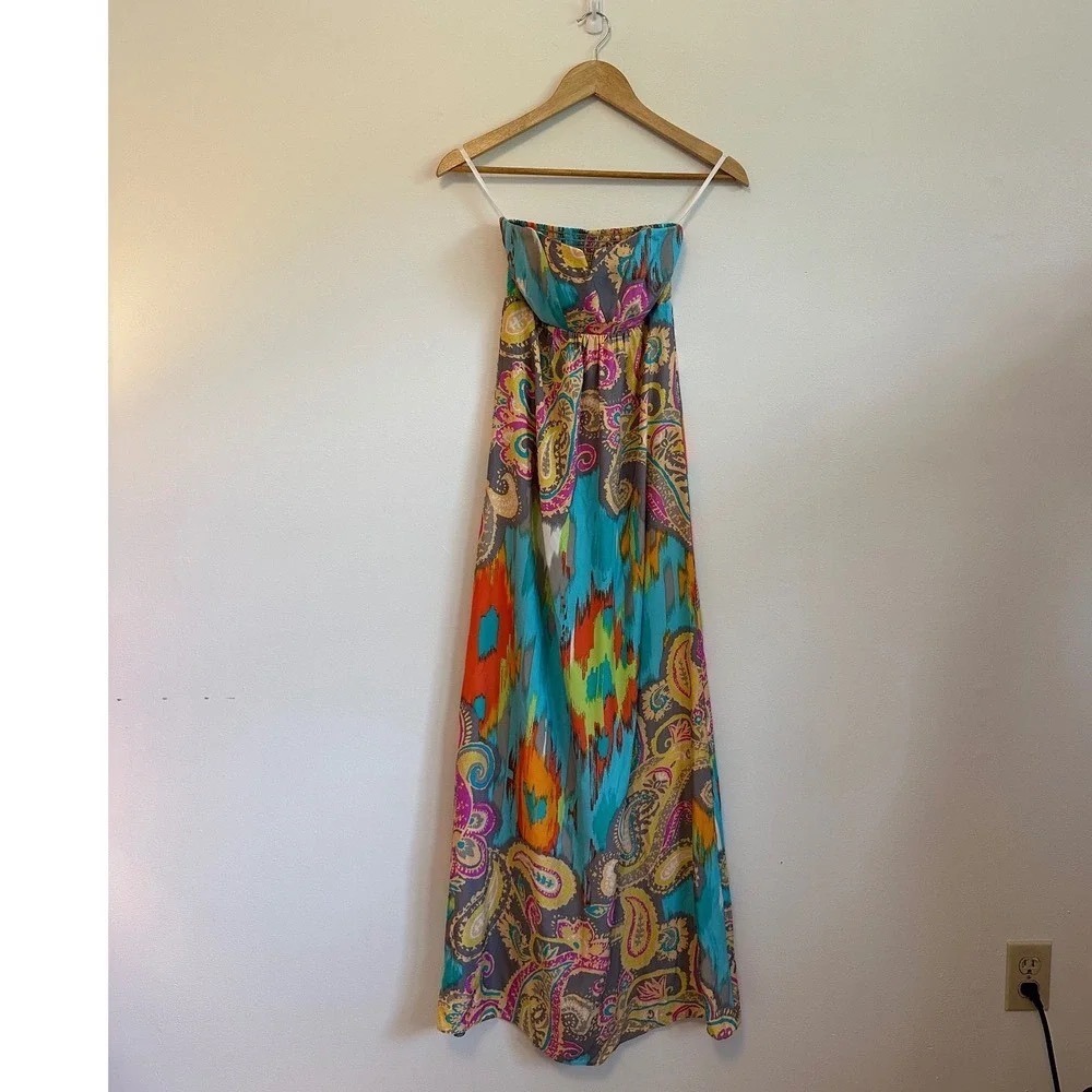 Alice & Trixie Silk Paisley Strapless Sweetheart Smocked Back Maxi Dress | XS